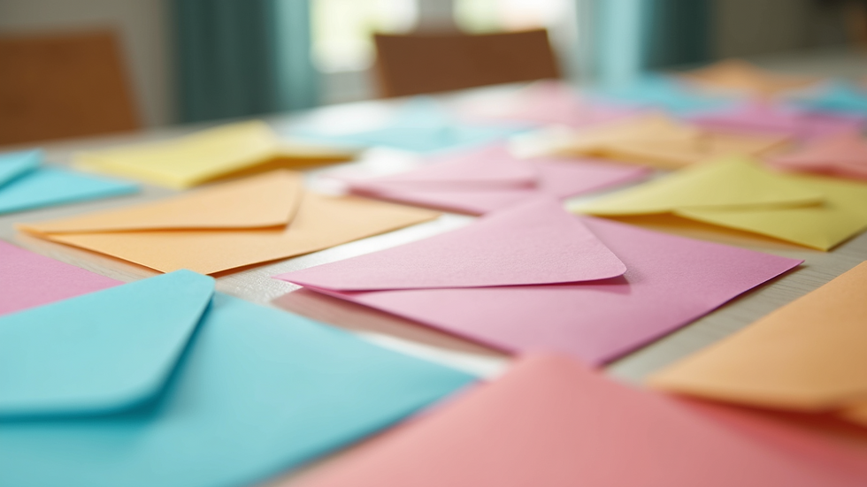 Close-up view of a stack of colorful thank-you notes with envelopes