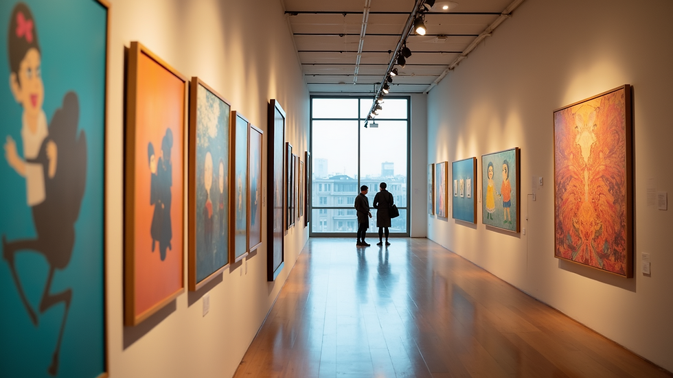 Eye-level view of a vibrant gallery wall featuring various art styles and colors