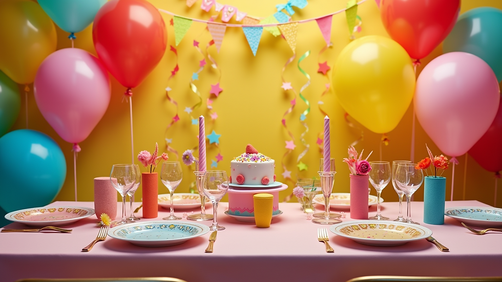 High angle view of a beautifully decorated party table with colorful balloons