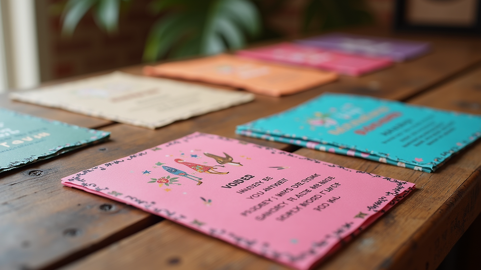 Eye-level view of colorful party invitations on a wooden table
