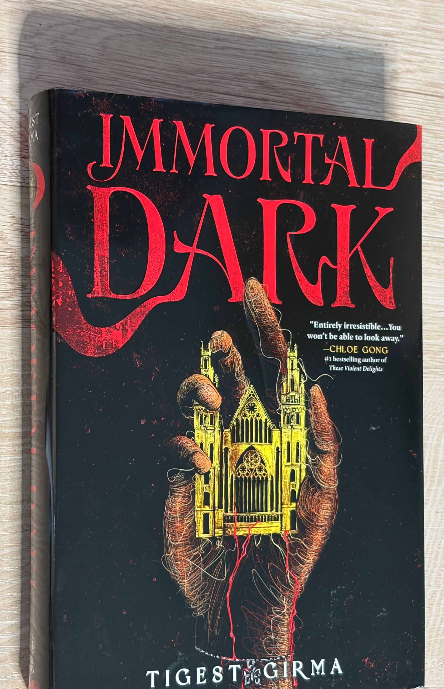Immortal Dark book cover featuring a hand holding a cathedral