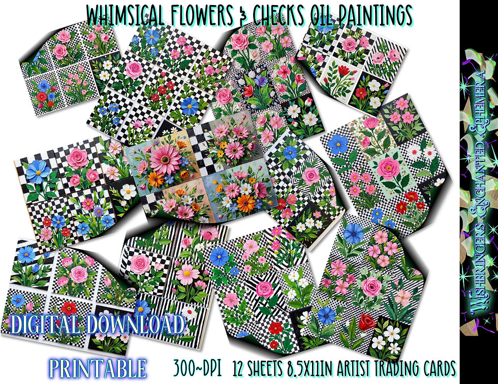 Whimsical Flowers & Checks ATCs in Mixed Media Style Digital Download