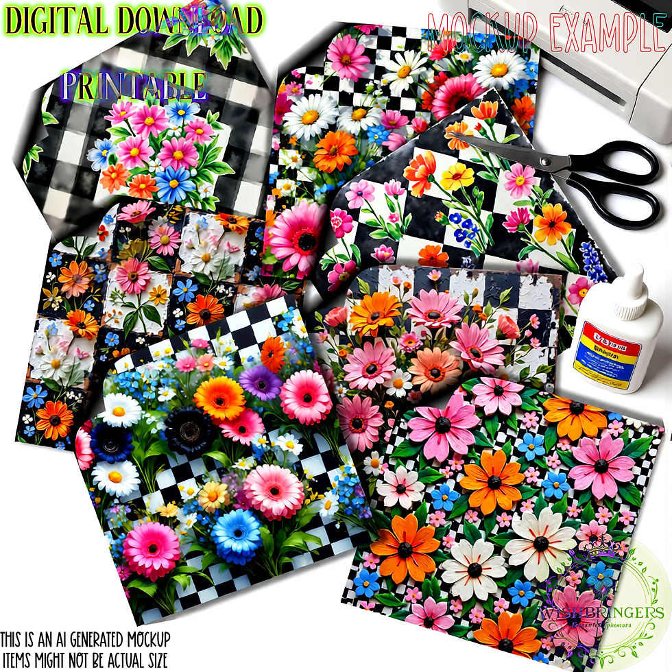 Thumbnail: Whimsical Flowers & Checks 60 Square Pattern Textures Instant Download