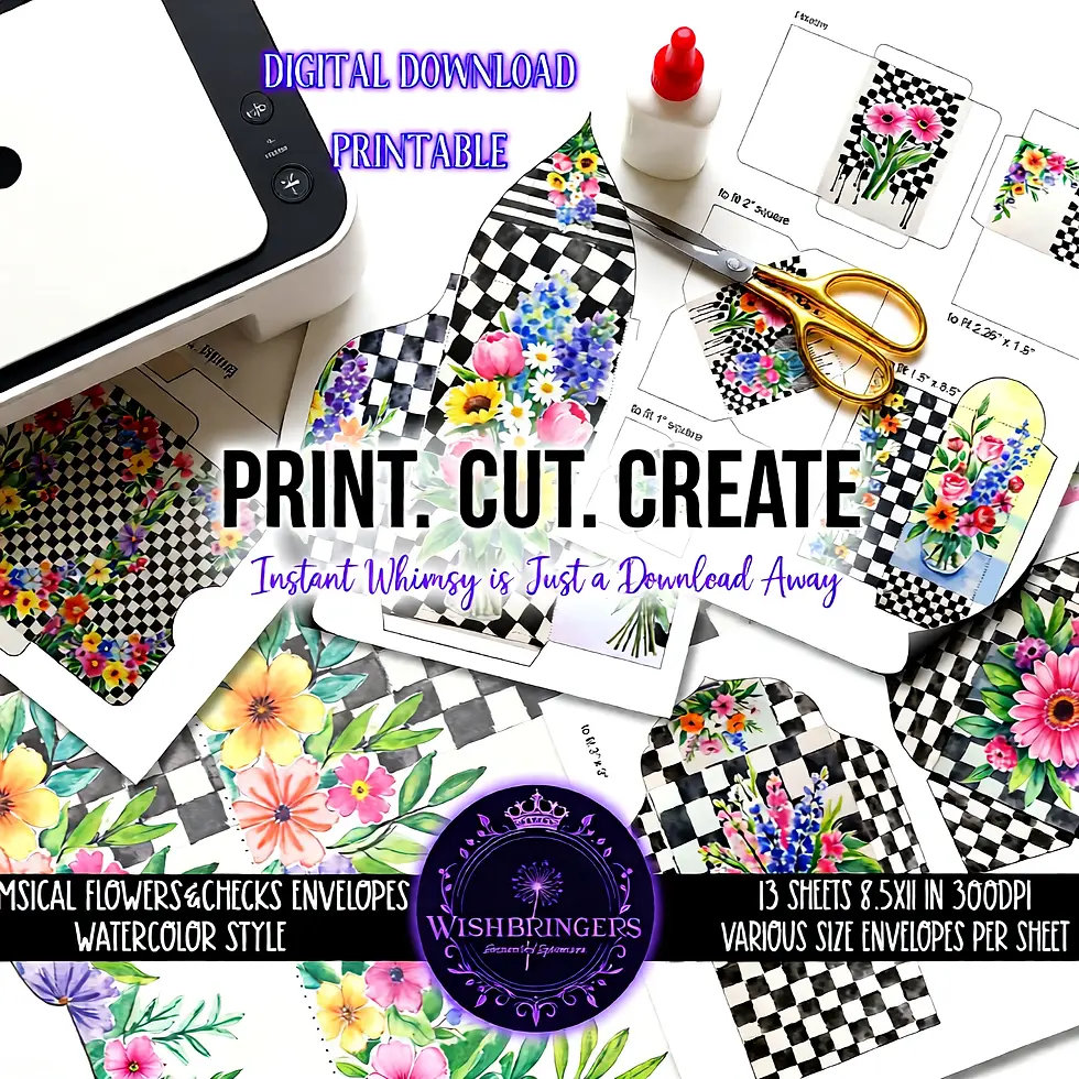Thumbnail: Whimsical Flowers & Checks Envelopes in Watercolor Style Instant Download for Junk Journals and more.