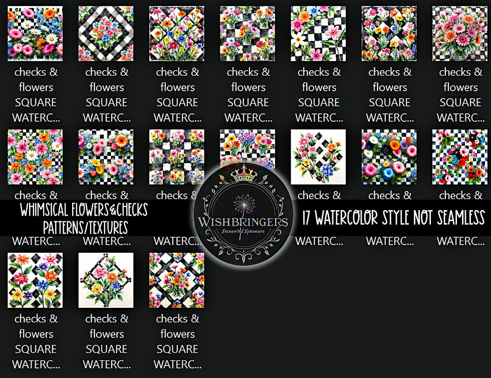 Thumbnail: Whimsical Flowers & Checks 60 Square Pattern Textures Instant Download