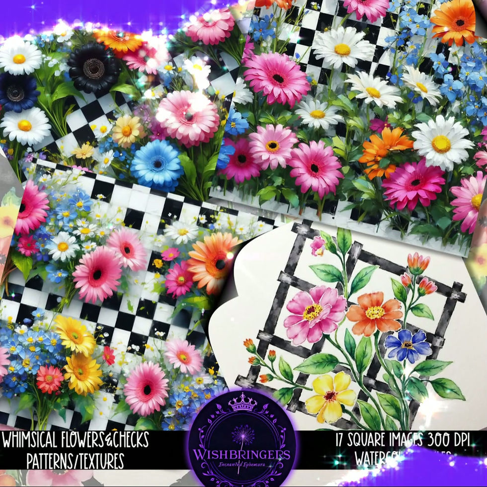 Whimsical Flowers & Checks 60 Square Pattern Textures Instant Download