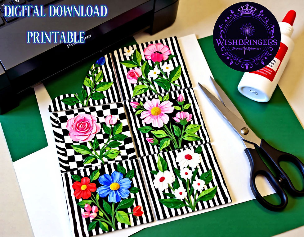 Thumbnail: Whimsical Flowers & Checks ATCs in Mixed Media Style Digital Download