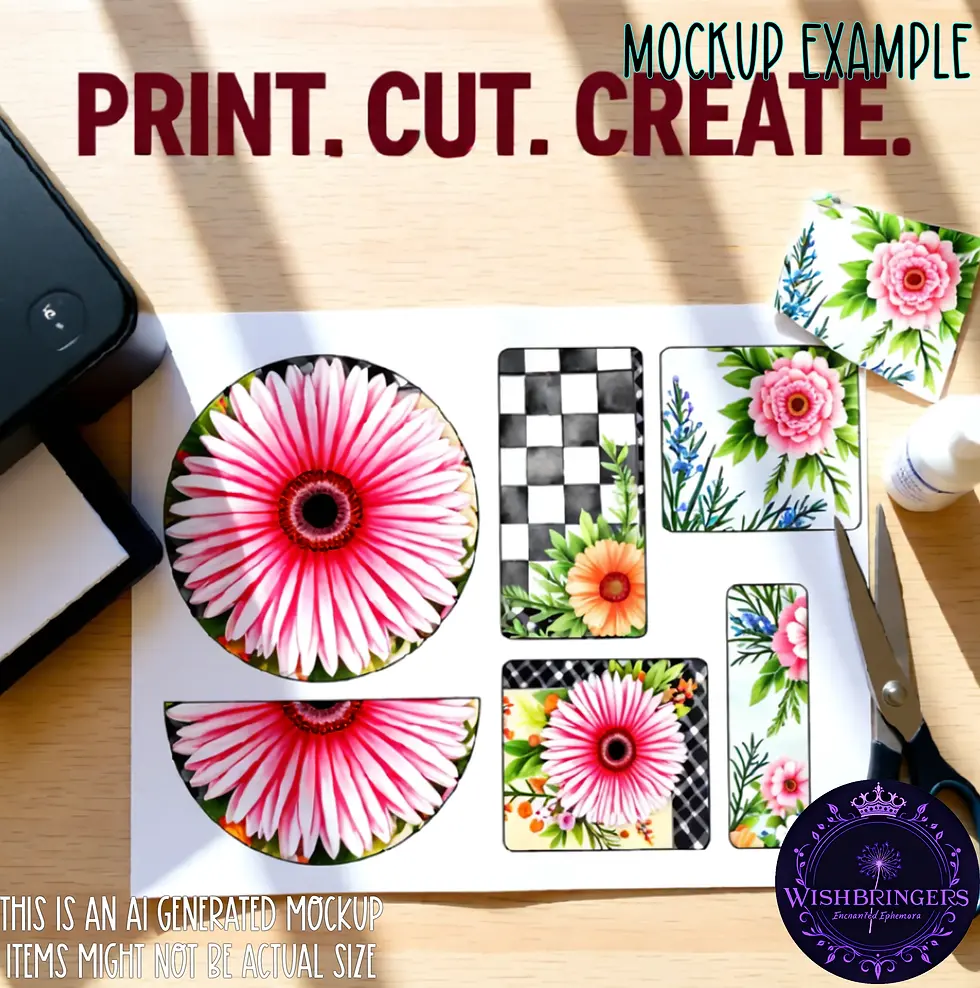 Thumbnail: Whimsical Flowers & Checks Loaded Tags in Mixed Media Style Instant Download for Junk Journals and more.