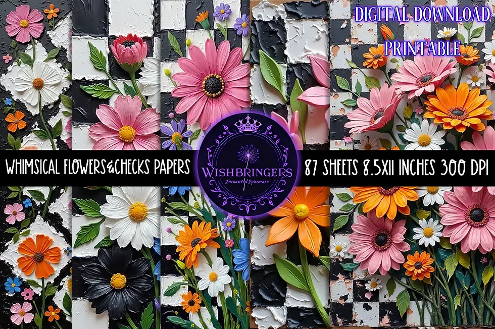 Thumbnail: Whimsical Flowers & Checks Papers in Oil and Mixed Media Instant Download 87 full-size sheets for Junk Journals and more.