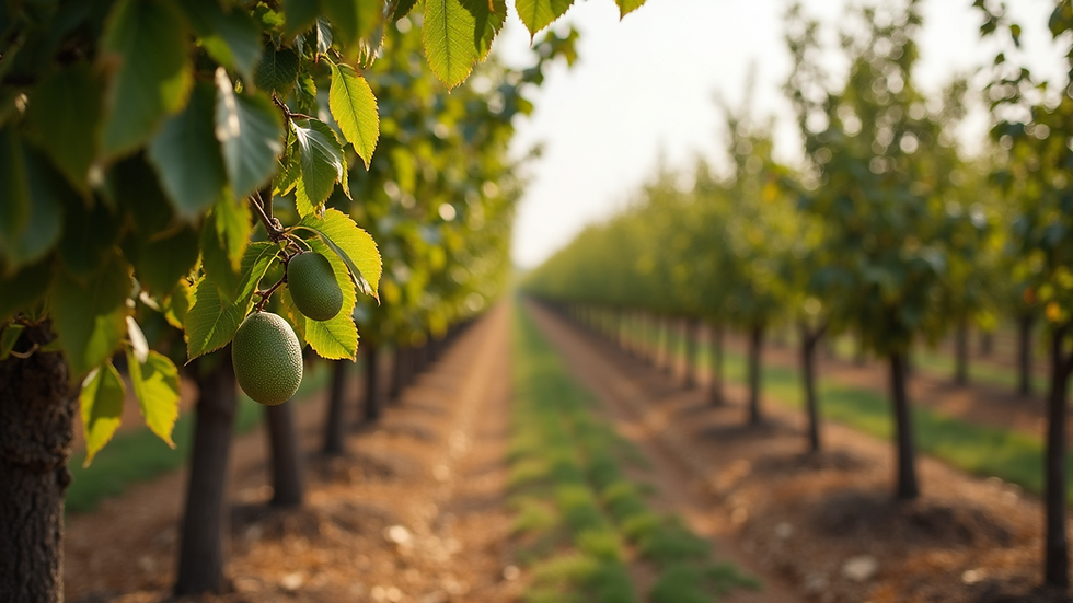 High angle view of walnut orchard with young trees