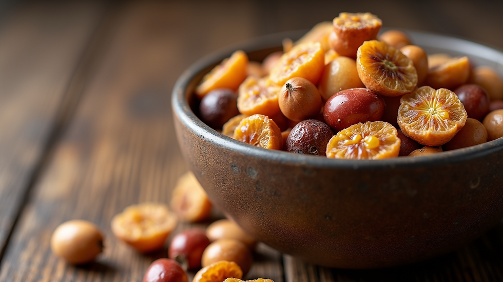 Close-up view of a bowl filled with assorted dry fruits