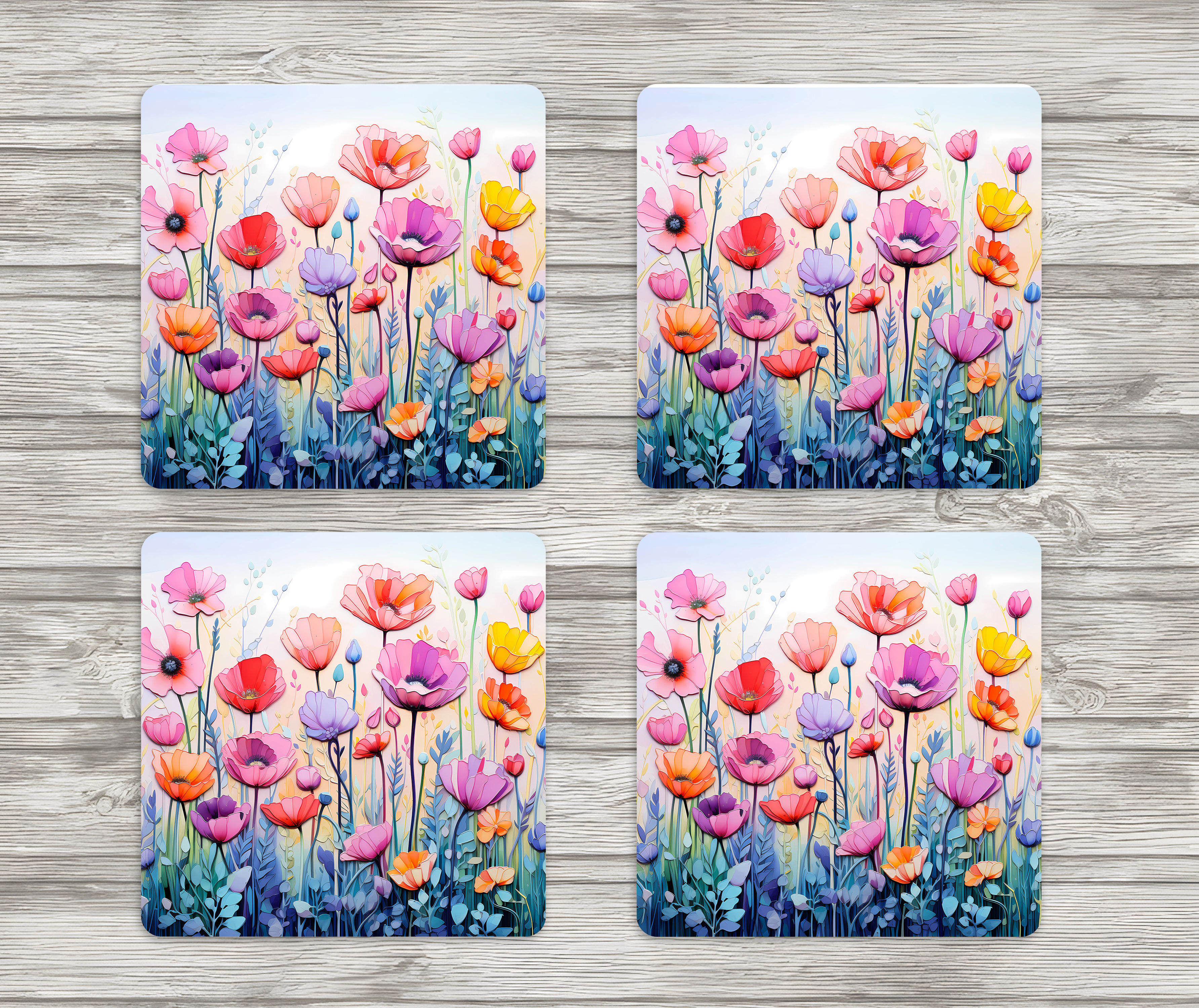 Floral Coasters: Four square vibrant poppy coasters