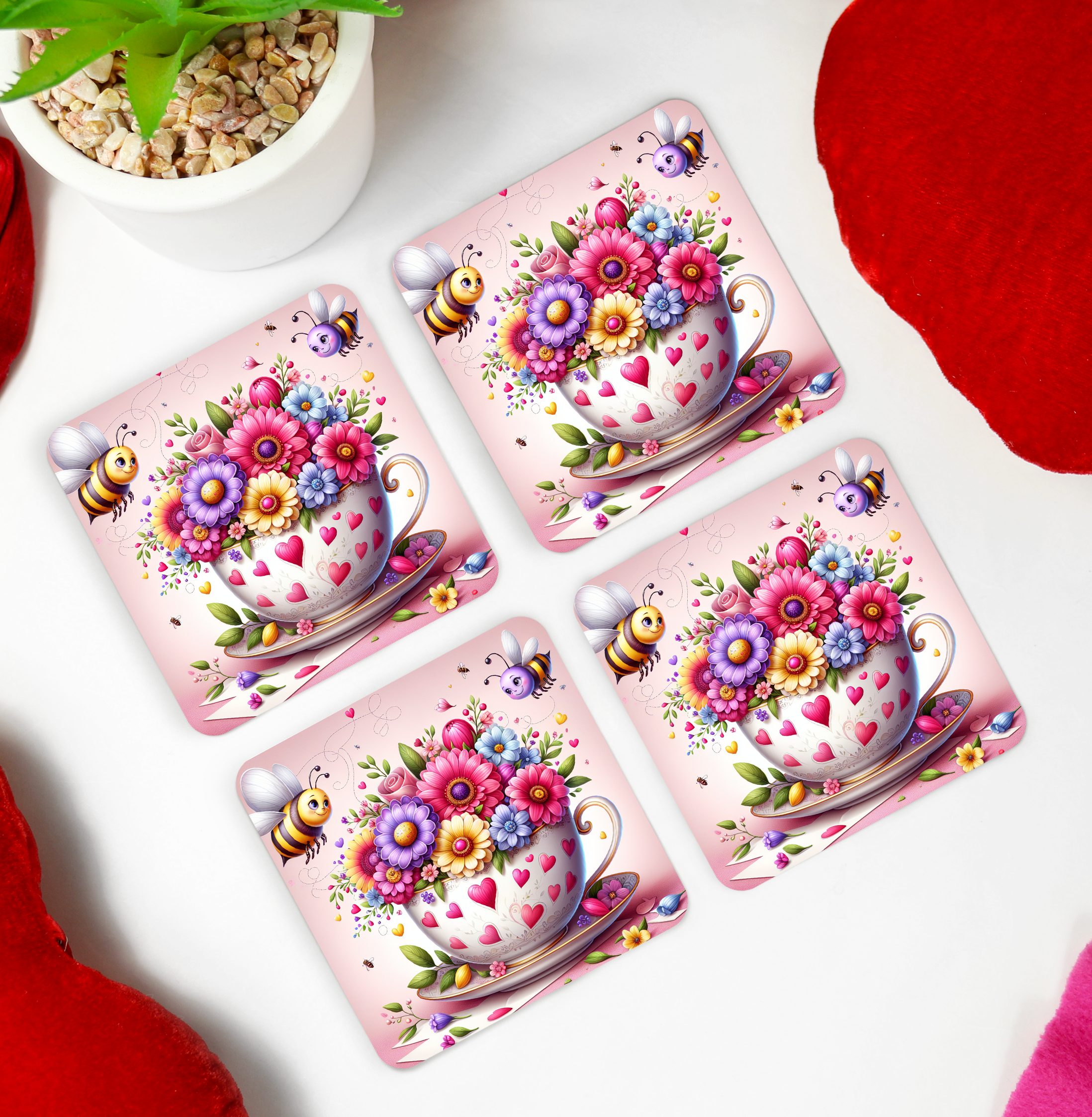 Floral cup coasters, bees, hearts