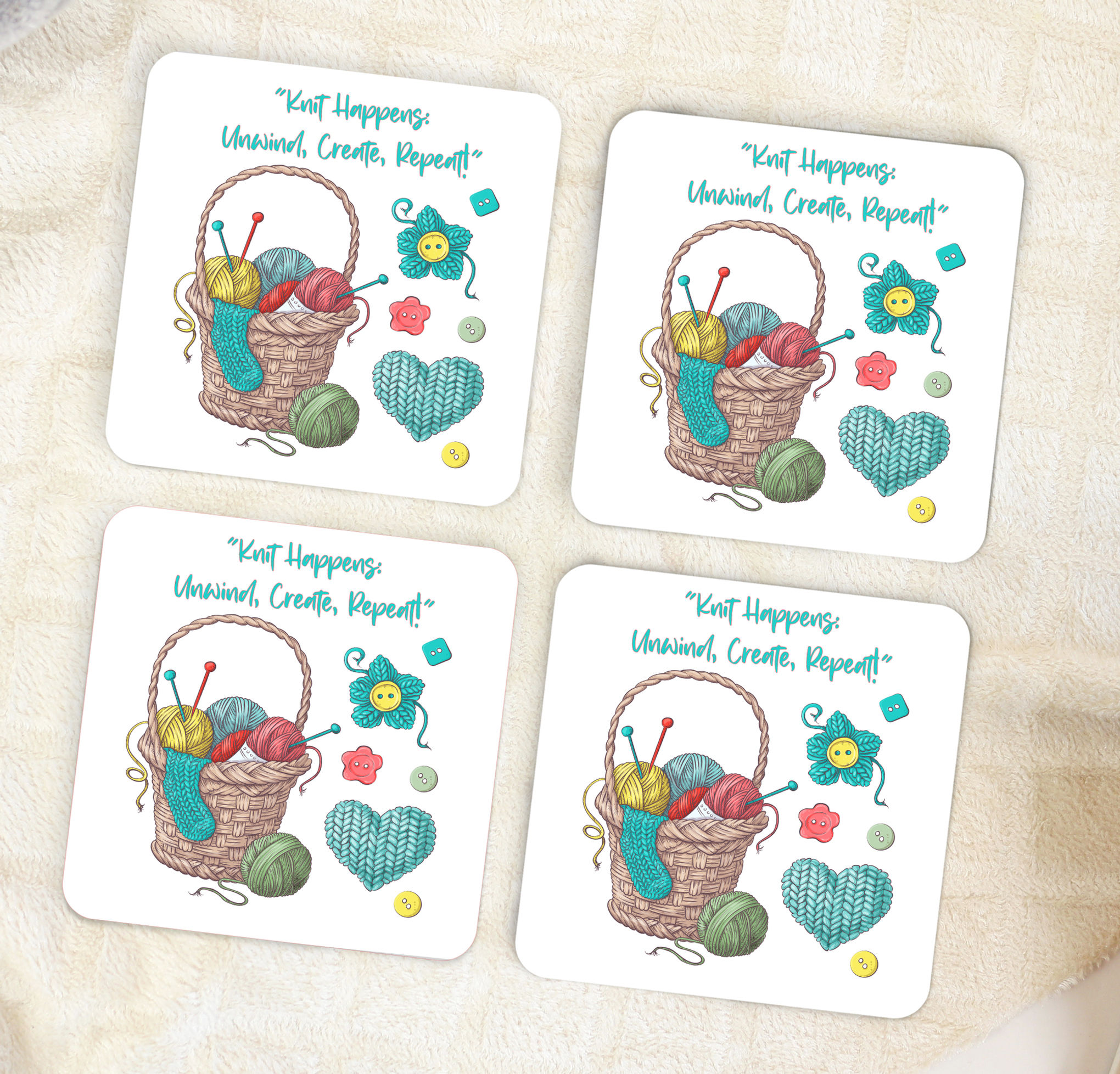 Four coasters: "Knit Happy, Crochet Myself"