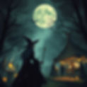 Witch approaches Halloween market under full moon