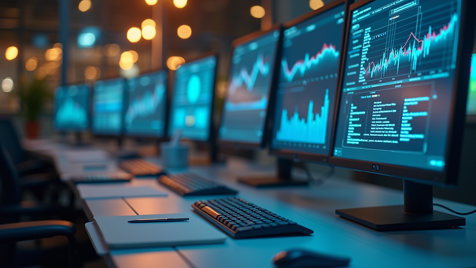Eye-level view of a modern workspace with data analytics tools