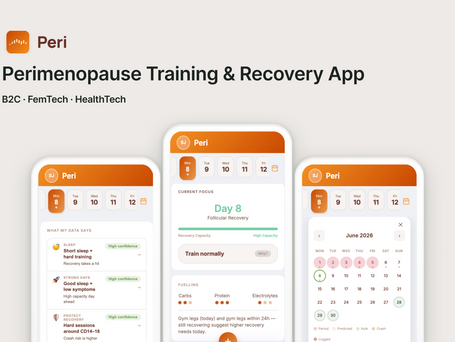 Peri perimenopause training and recovery app screens