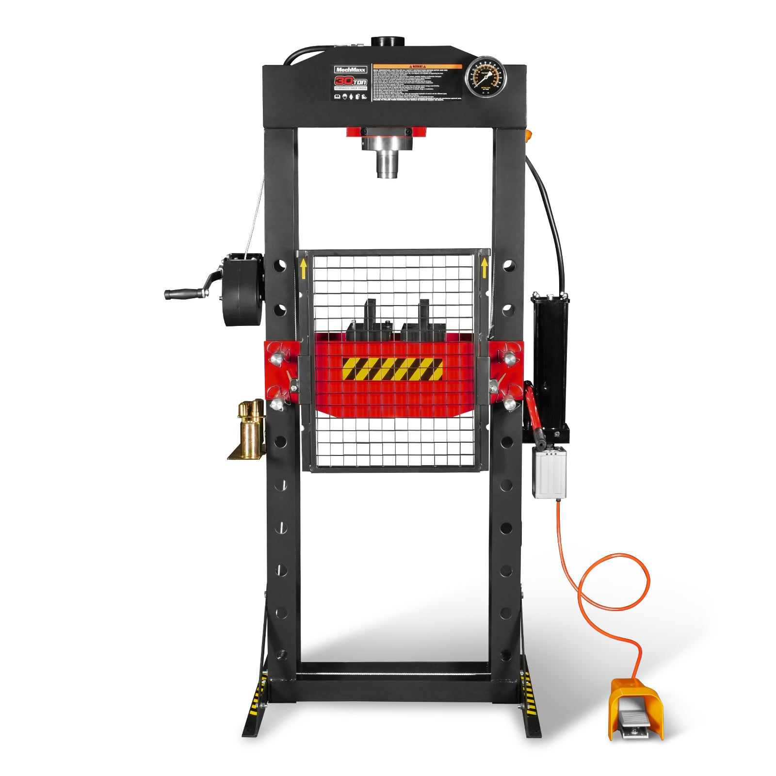 30 Ton H-Frame Air/Hydraulic Shop Press with Hand Winch & Press Pin Kit, Fully