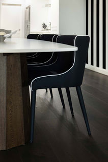 Detail of Dark French oak and stone tapered pedestal base table