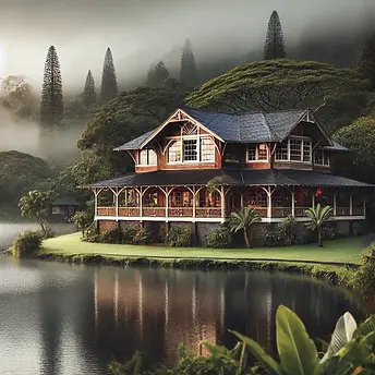 DALL·E 2025-02-27 18.21.27 - A large, traditional lakefront house in Hilo, Hawaii, surroun