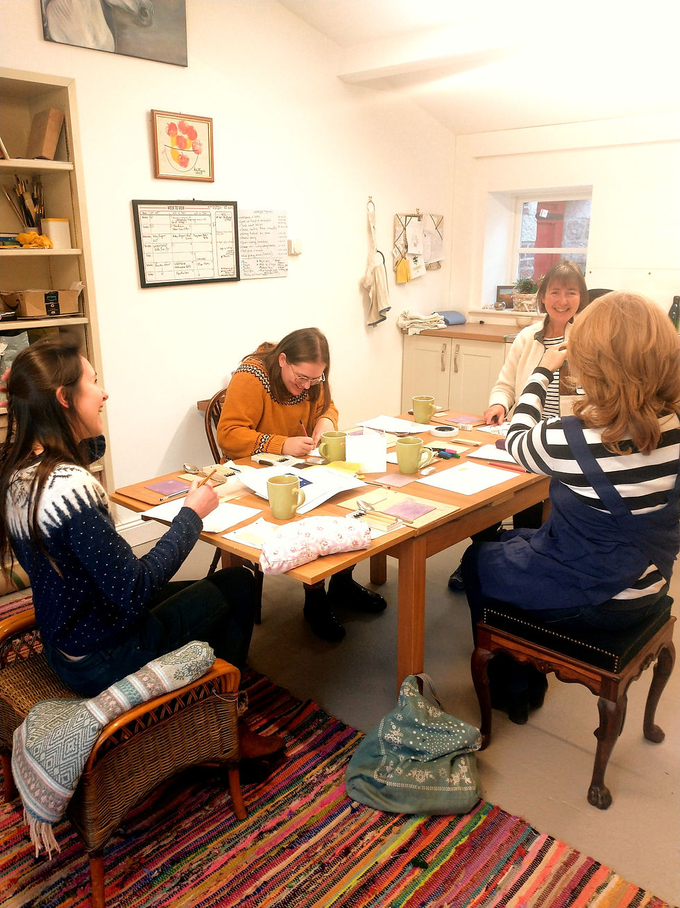 Groups of friends enjoying linoprint workshop in studio gift vouchers available