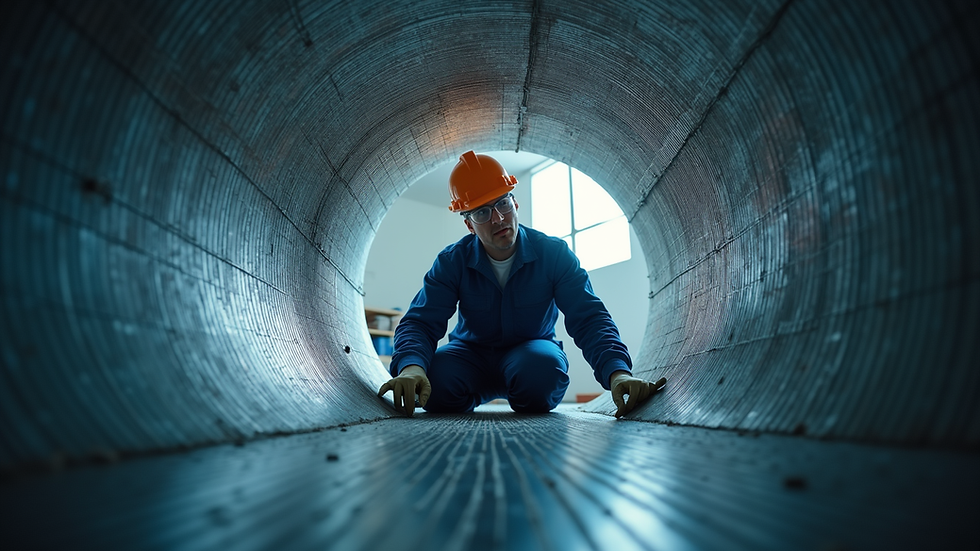 Eye-level view of professional technician inspecting air duct system