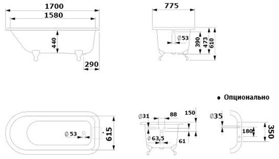 Miniatiūra: Recor Roll Top laisvai pastatoma ketaus vonia 170x77cm
