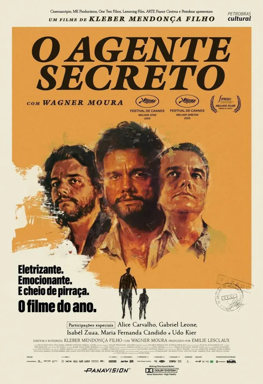 Cartel de la película "O Agente Secreto" dirigida por Kleber Mendonça Filho, protagonizada por Wagner Moura. 