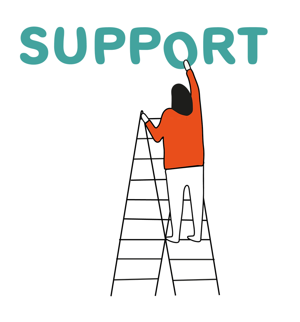 A person in an orange shirt on a ladder reaching up to adjust the word "SUPPORT" in bold teal letters against a black background.