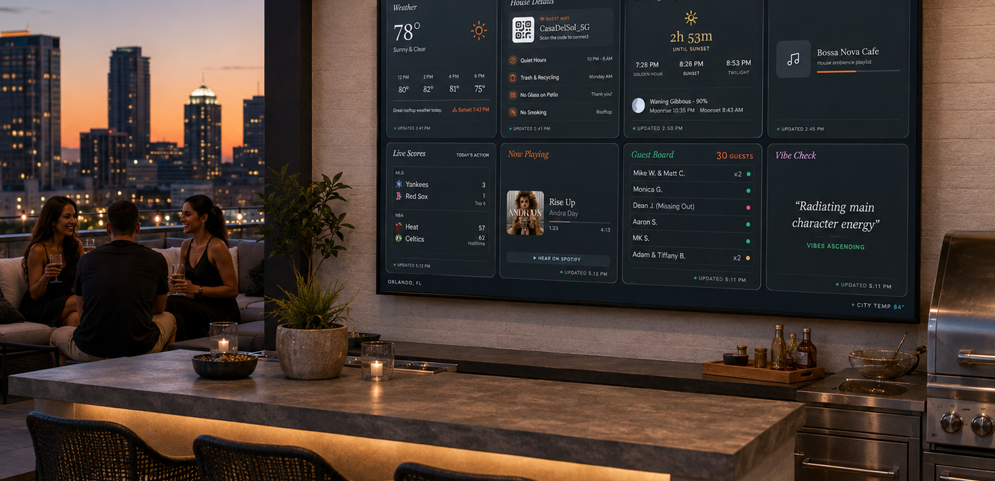 A rooftop bar at dusk with a city skyline behind it, where a TV on the wall shows a Palmera board in a dark theme.