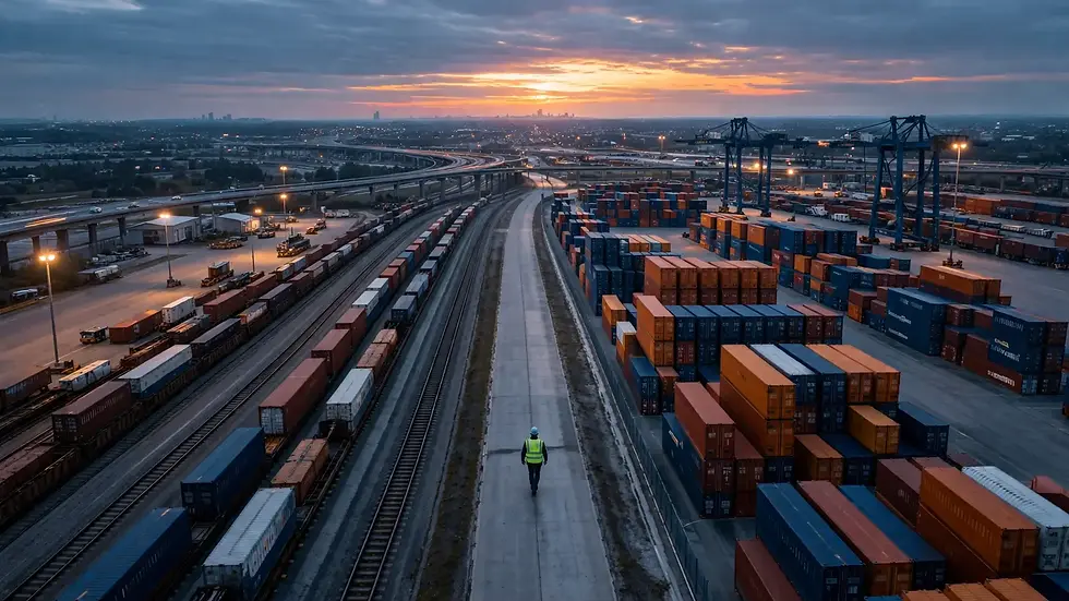 Aerial view of intermodal logistics hub at dawn representing global thought leaders in logistics leadership