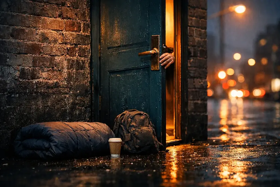 A door slightly open in an urban brick wall at dusk, warm light spilling out — symbolising housing solutions for homelessness.