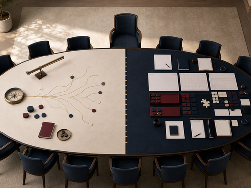Overhead board offsite table separating strategic governance from operational planning.