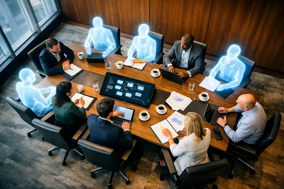 Modern boardroom with human professionals and AI holographic teammates collaborating on AI and team dynamics strategy