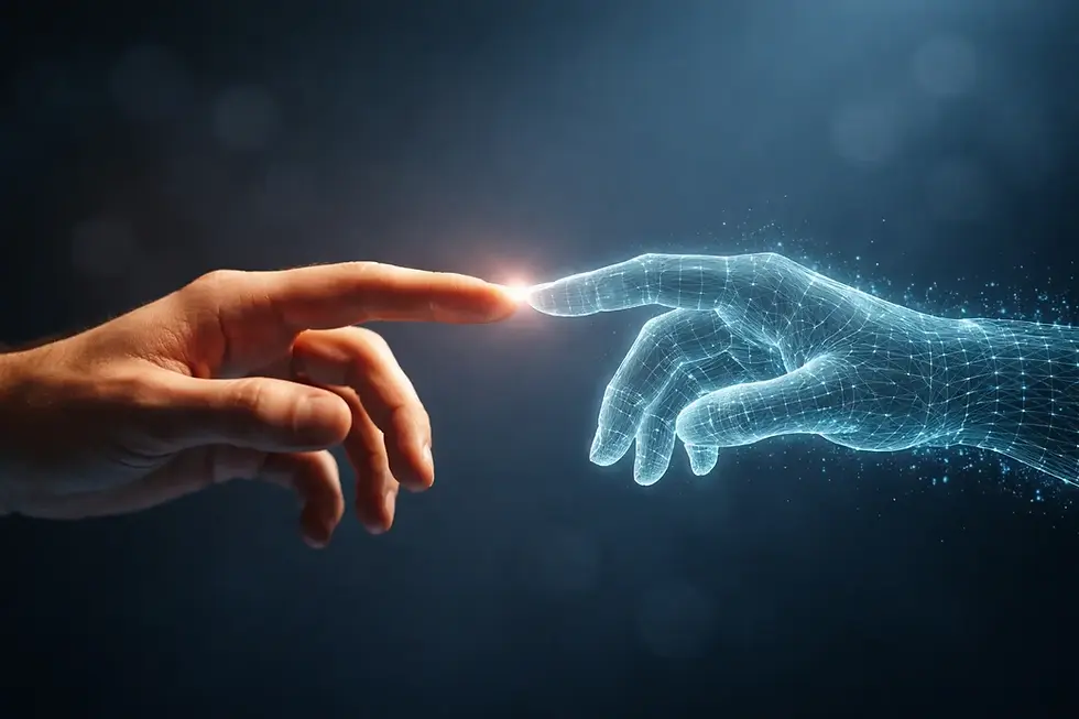Human hand reaching toward AI digital hand representing best keynote speakers on AI in Australia and New Zealand 2026
