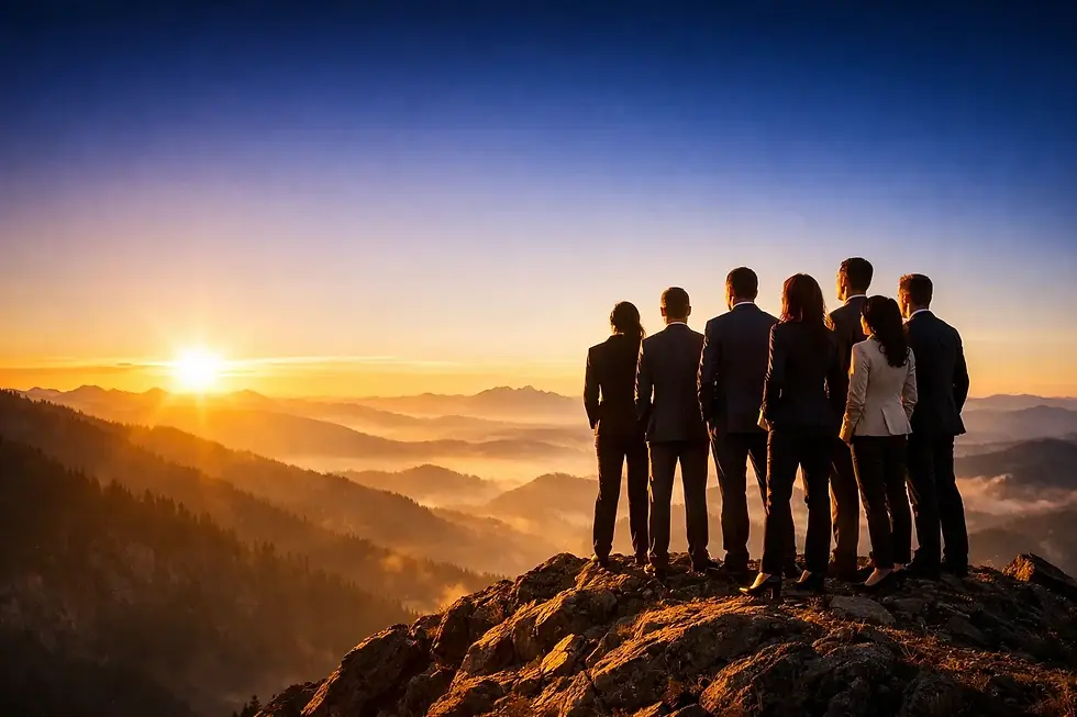 Leadership team standing together on mountain summit at sunrise representing executive team offsite alignment