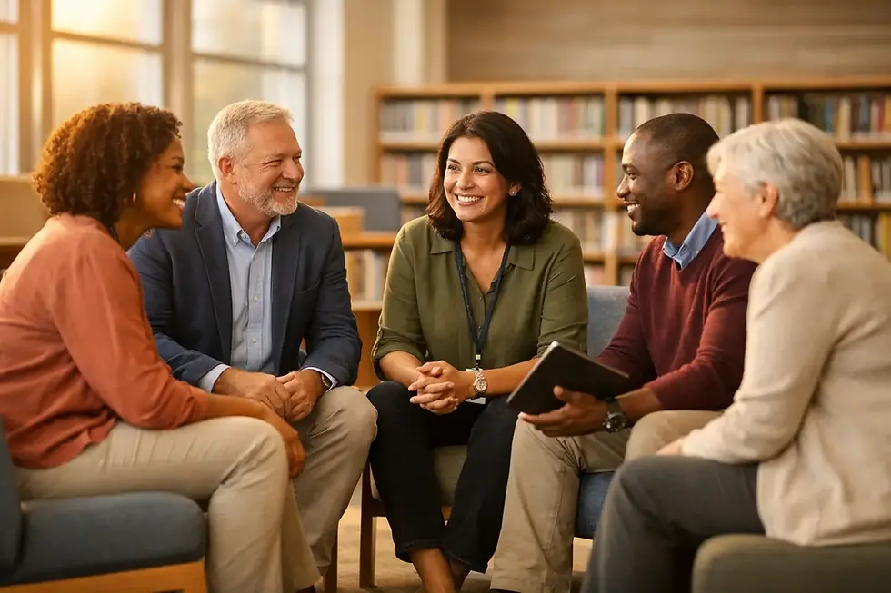 School leaders in conversation about AI in schools, focused on human connection and collaborative leadership