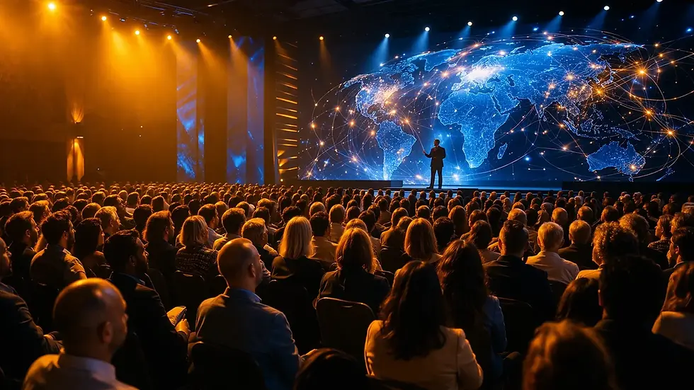 Global cybersecurity keynote speakers presenting at conference stage with digital security icons