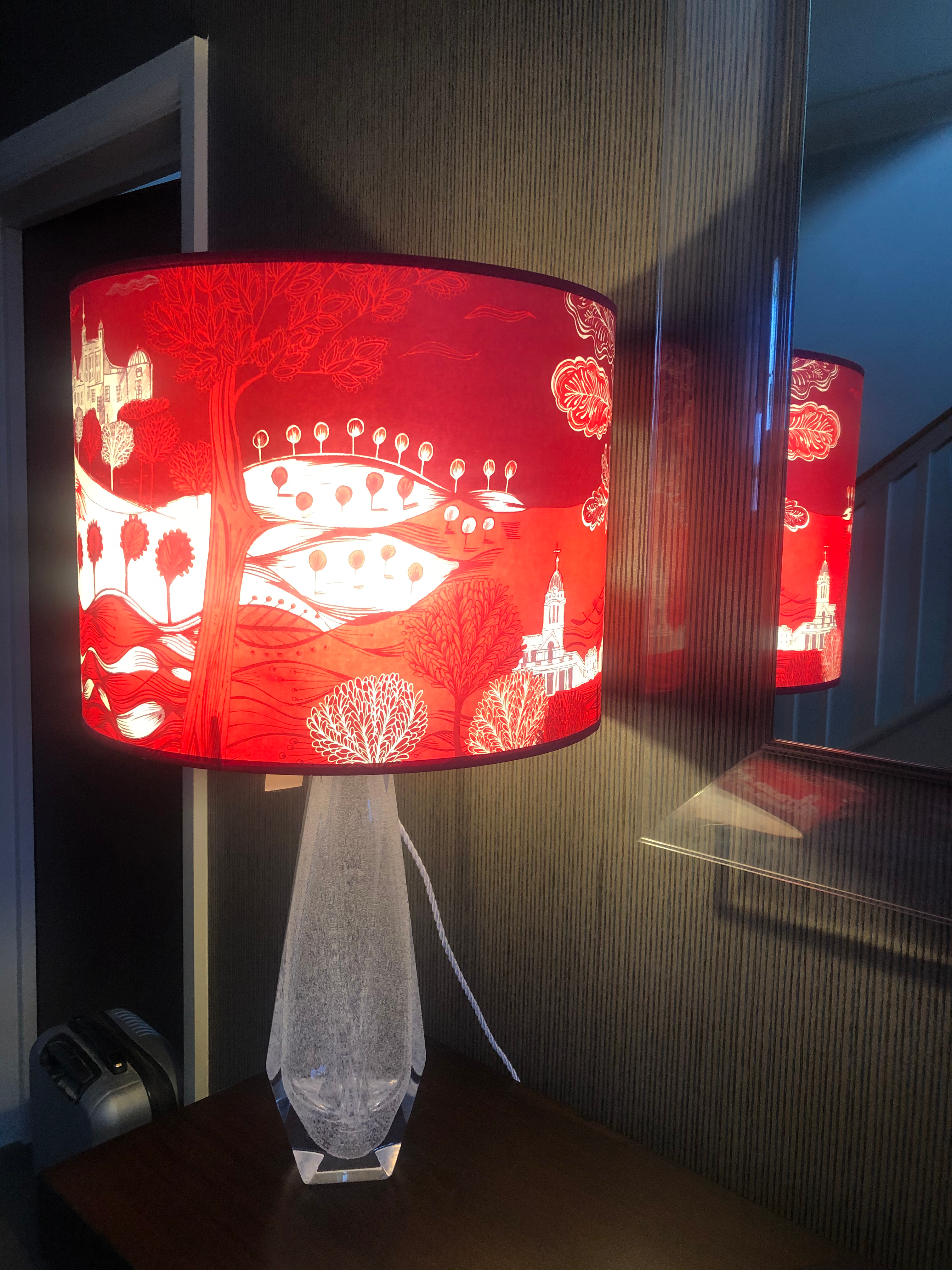 Large red table shade with fish