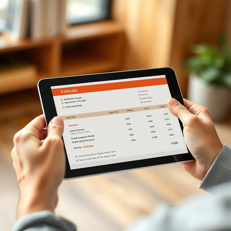 a close-up of hands holding a tablet displaying a clean modern estimate with checkmarks an