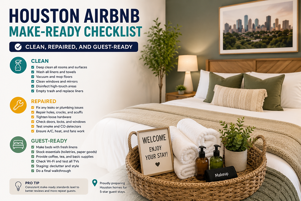 Houston Airbnb make-ready checklist with clean bedroom, fresh towels, repaired details, and guest-ready setup