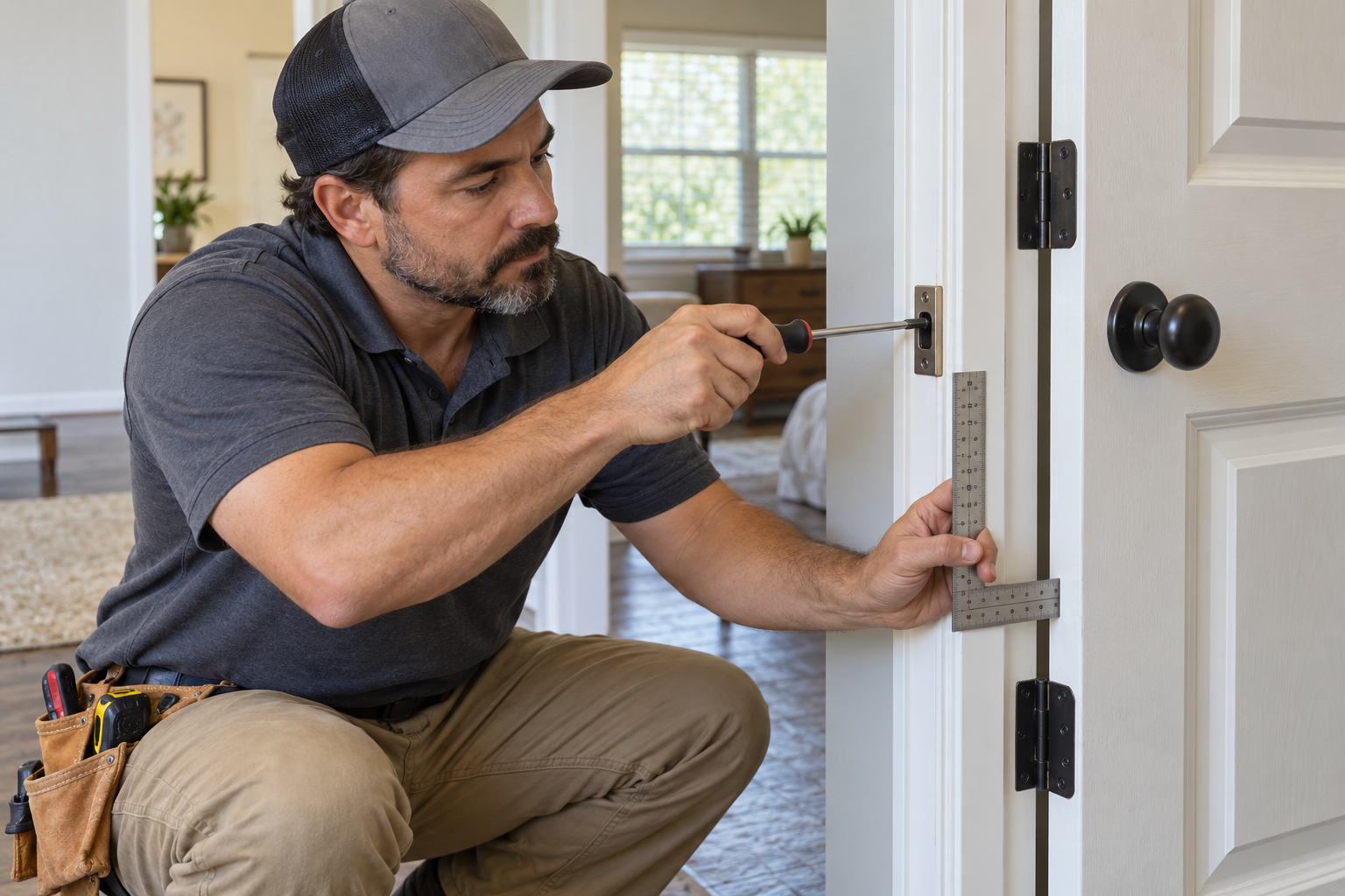 Handyman aligning an interior door strike plate and hinges in a Houston home