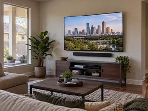 Finished wall-mounted TV and centered soundbar with concealed cables in a Houston-area living room