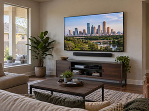 Finished wall-mounted TV and centered soundbar with concealed cables in a Houston-area living room