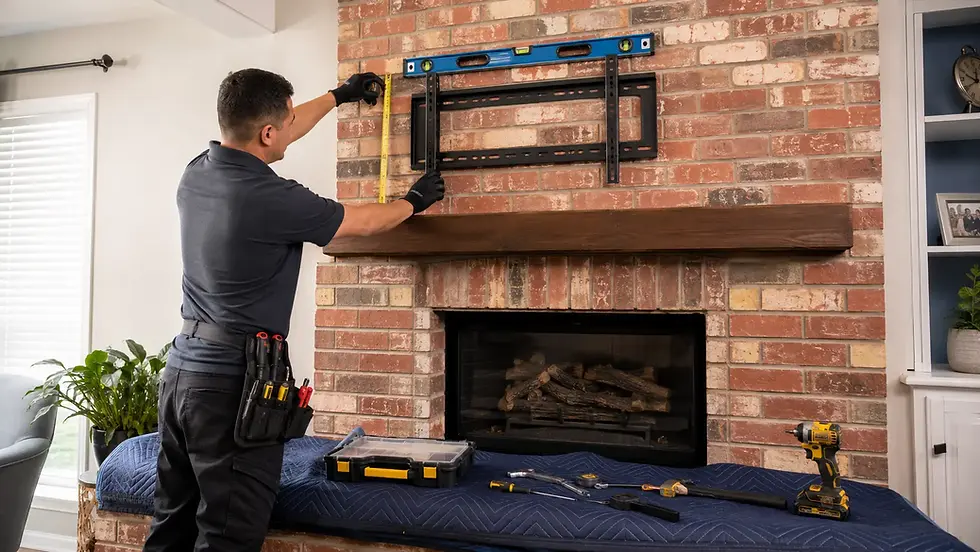 Installer measuring and leveling a TV wall bracket on a brick fireplace in Houston