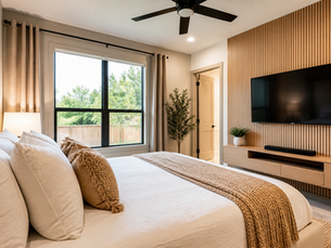 Houston Airbnb make-ready checklist for World Cup guests with clean room, mounted TV, fresh linens, and guest-ready setup.