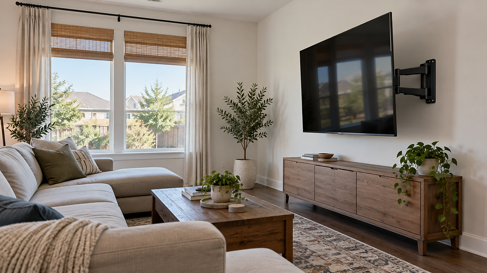 Television extended and angled on an articulated wall mount above a media console in a suburban living room.