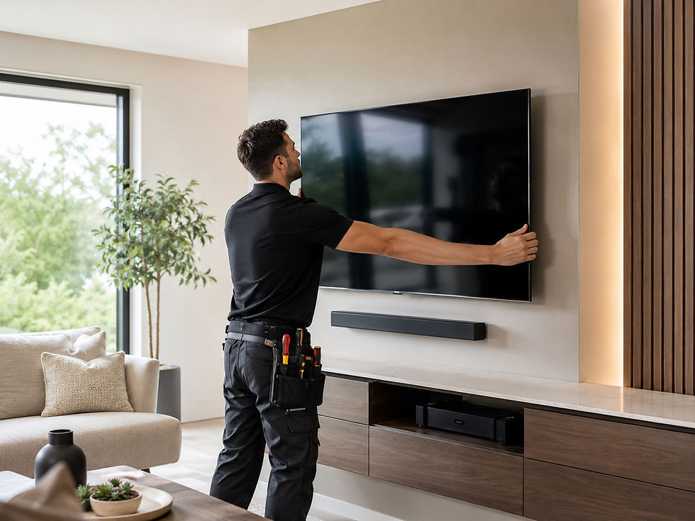 Technician aligning a wall-mounted TV above a soundbar in a modern home entertainment area