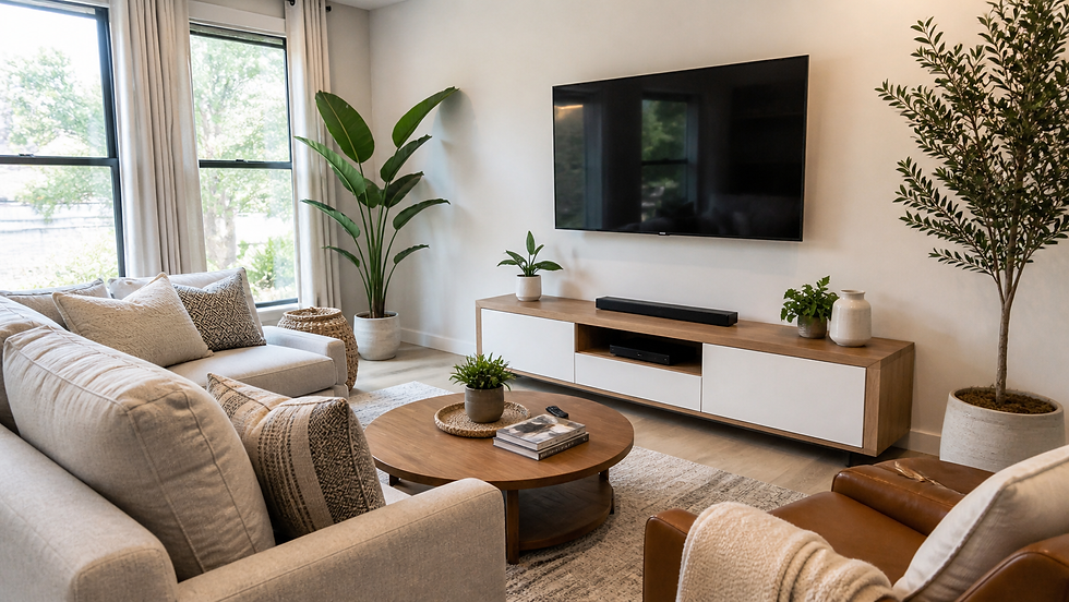 Clean Airbnb entertainment setup with wall-mounted TV, hidden wires, and organized living room.