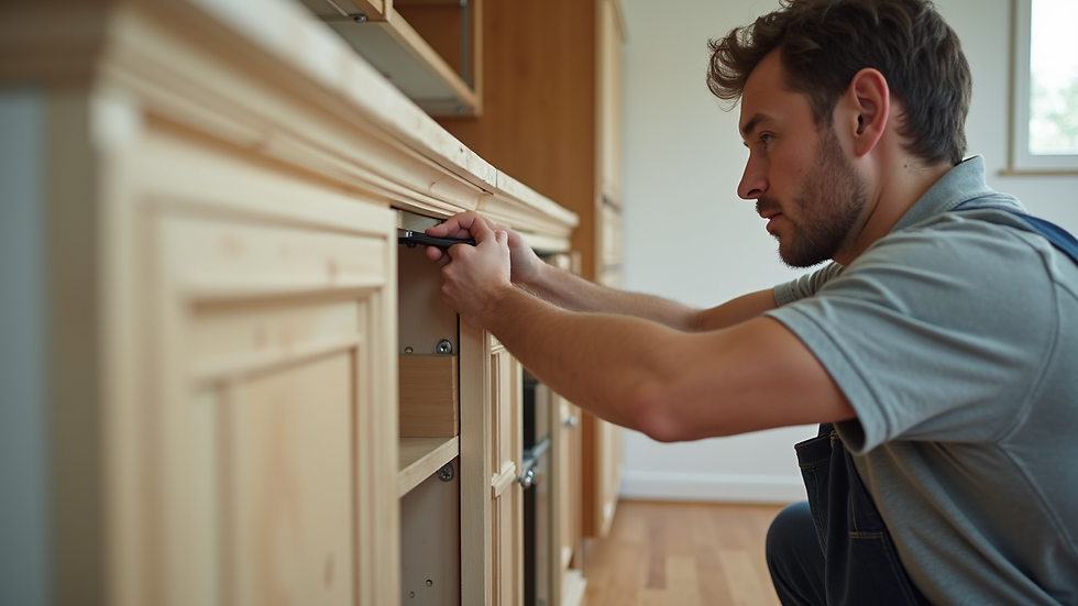 Close-up view of a handyman installing new kitchen cabinets